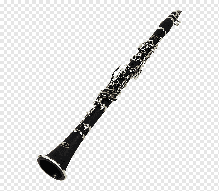 Black clarinet with silver keys and mouthpiece, isolated on transparent background.
