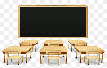 Empty classroom with wooden desks, chairs, and a blackboard on a transparent background.