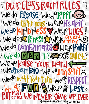 Colorful hand-drawn classroom rules poster with phrases like "We do kindness," "We do respect," and "We do fun" in playful fonts and icons.