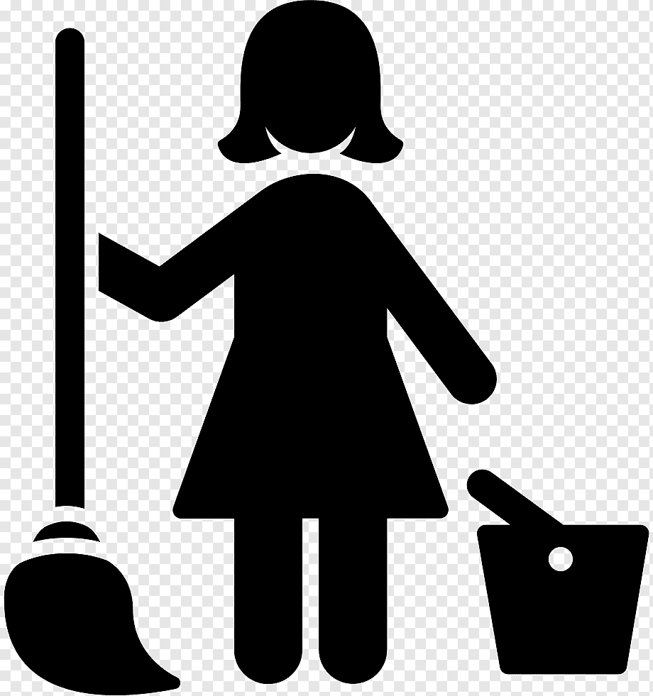 Silhouette of a woman holding a broom and bucket, representing cleaning or housekeeping services.