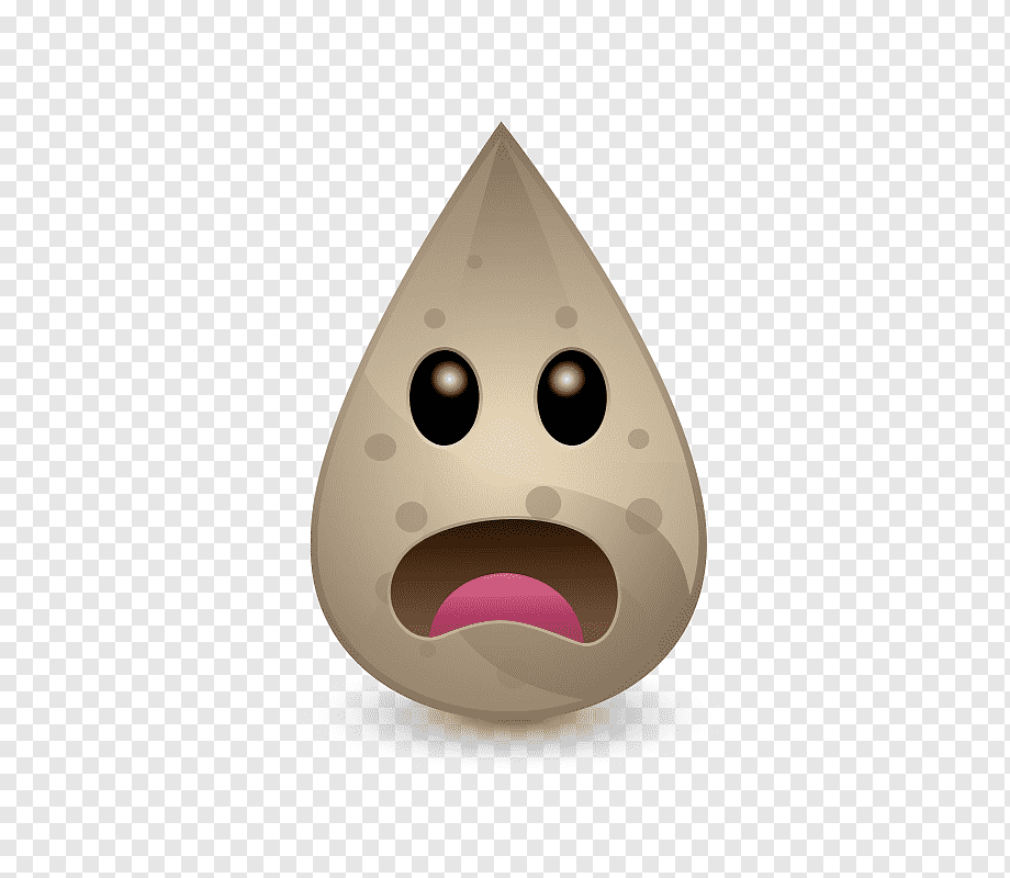A cartoonish brown water droplet with wide eyes and an open mouth, expressing shock or alarm.