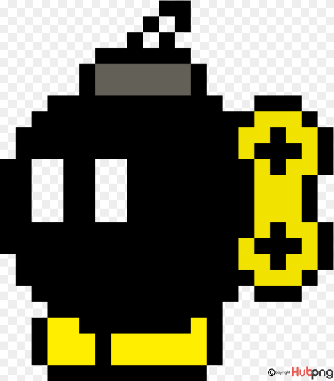 Pixel art bomb character with yellow fuse, feet, and cross-patterned arms, black body with white eyes.