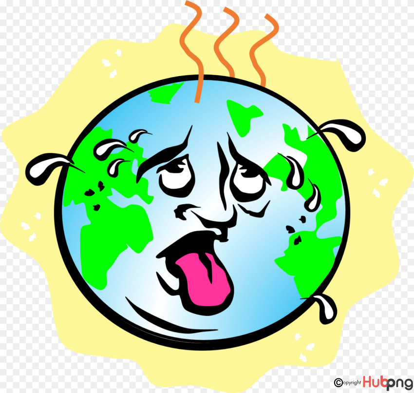 A cartoon Earth with a distressed face, sweating and panting under a hot sun, symbolizing global warming.