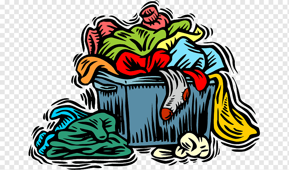 Overflowing laundry basket with colorful clothes spilling out in a cartoon style.