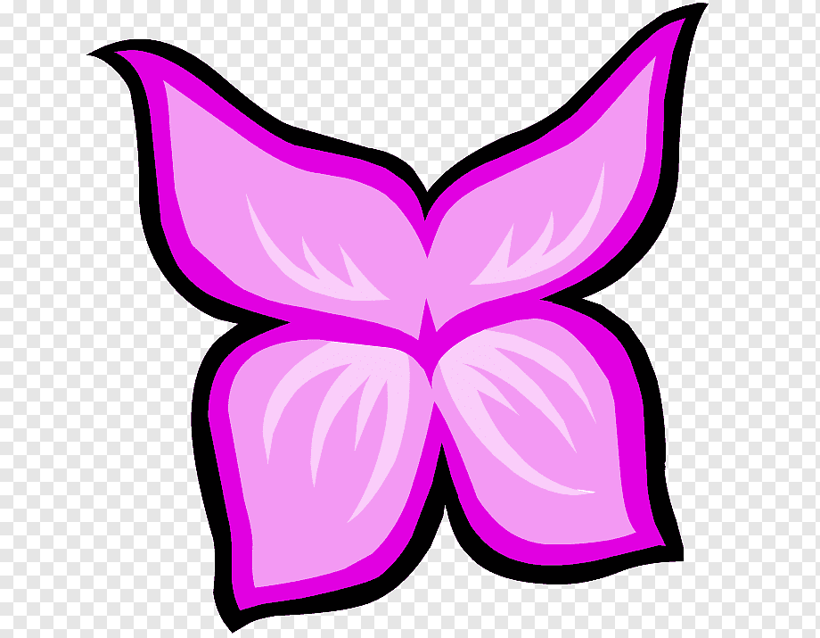 Stylized pink butterfly with black outline and white vein details on transparent background.