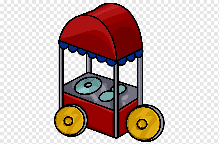 Red vintage-style popcorn cart with blue trim, gold wheels, and visible popcorn trays.