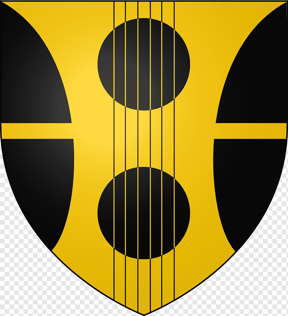 A heraldic shield with a gold field, two black roundels, vertical black stripes, and black side partitions.