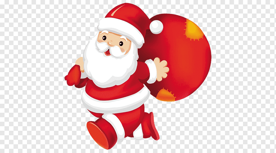 Cheerful cartoon Santa Claus in red suit running with a large red gift sack over his shoulder.