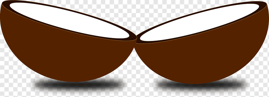 Split open coconut halves showing white flesh and brown shell on transparent background.