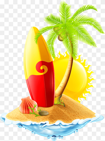 Tropical island scene with red-and-yellow surfboard, palm tree, sun, seashell, and ocean waves on sandy mound.