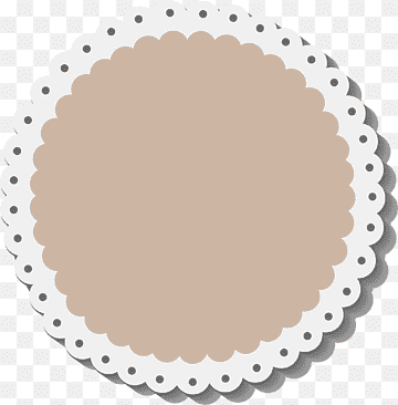 Beige circular label with white scalloped lace border and drop shadow on transparent background.