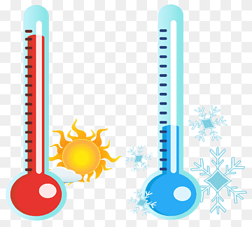 Two thermometers showing hot (red) and cold (blue) temperatures, with sun and snowflakes indicating weather extremes.