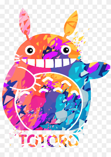 Vibrant, abstract watercolor-style Totoro illustration with multicolored splashes and joyful expression.