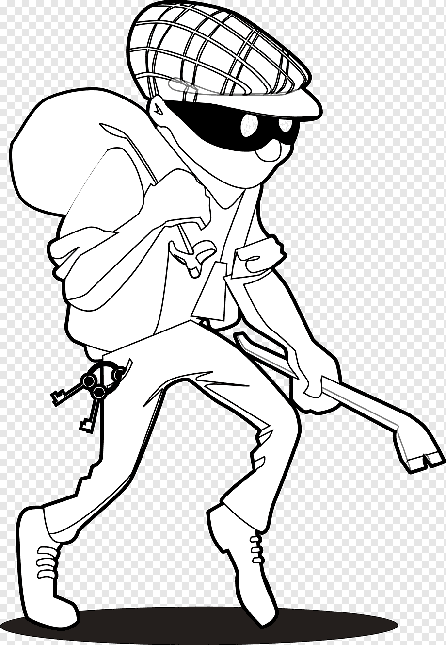 Cartoon burglar in mask and cap, carrying sack and crowbar, sneaking with keys on belt.