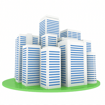 Modern white skyscrapers with blue horizontal stripes on a green circular base, representing urban development or smart city concepts.