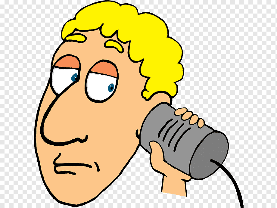 Cartoon man with blond hair holding a gray microphone to his ear, looking skeptical or confused.