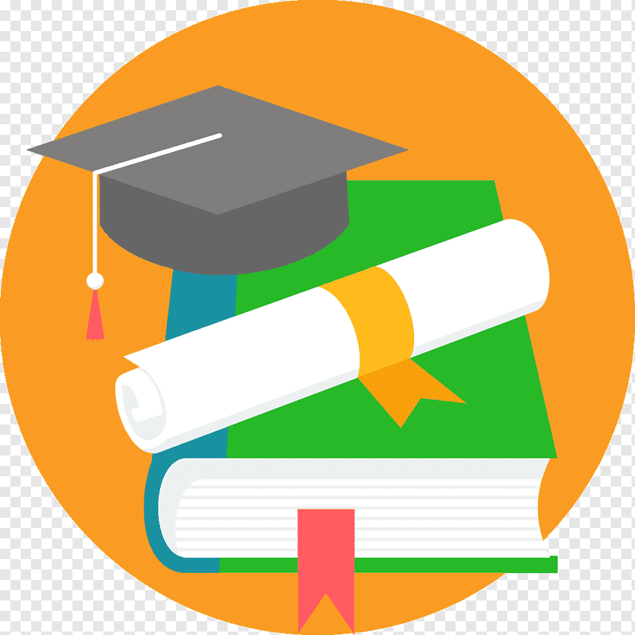Graduation cap, diploma scroll, and stacked books inside an orange circle-symbolizing education and academic achievement.