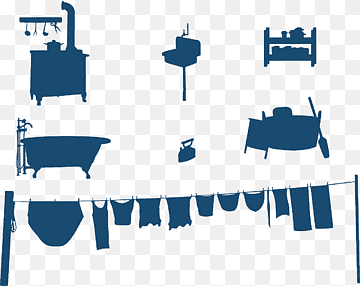Blue silhouettes of vintage household items including stove, bathtub, clothesline, kettle, shelf, and chair on transparent background.