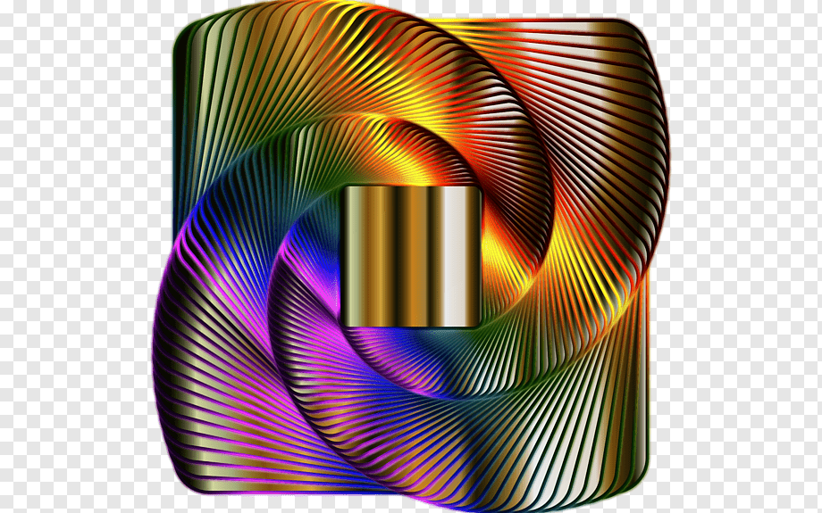 Vibrant rainbow spiral with metallic gold center, abstract digital art on transparent background.