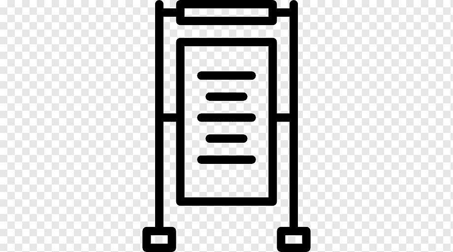 Line icon of a document on a mobile stand or cart, representing file organization or presentation equipment.