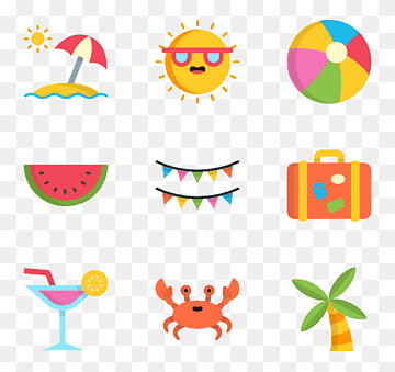 Collection of summer-themed flat icons including sun, beach umbrella, watermelon, crab, cocktail, palm tree, suitcase, and beach ball.