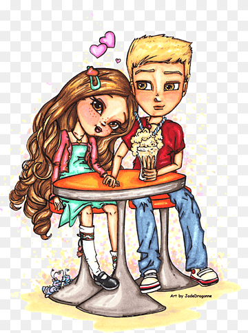 Chibi-style cartoon couple sharing a milkshake at a retro diner table, hearts floating above.