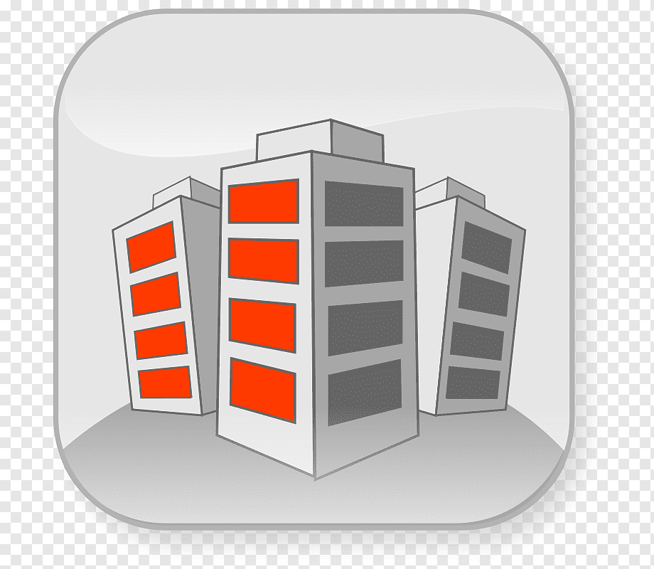 Stylized cityscape with three modern buildings, one highlighted in red windows, inside a rounded square frame.