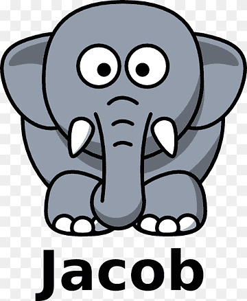 Gray cartoon elephant with large eyes, tusks, and sad expression, labeled "Jacob" below.