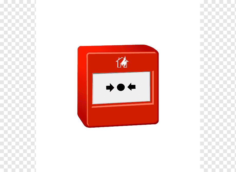 Red fire alarm push button with house-and-flame icon and dual arrow indicator.