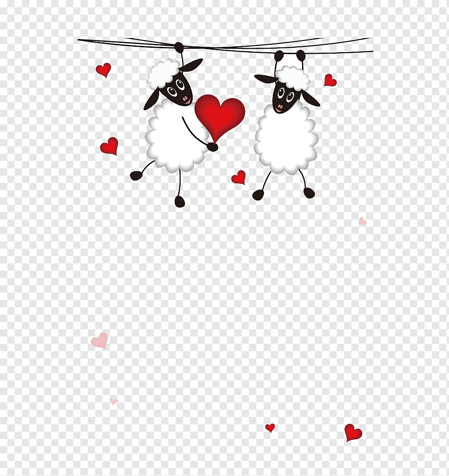 Two cartoon sheep hanging from a wire, sharing a red heart with floating hearts around them.