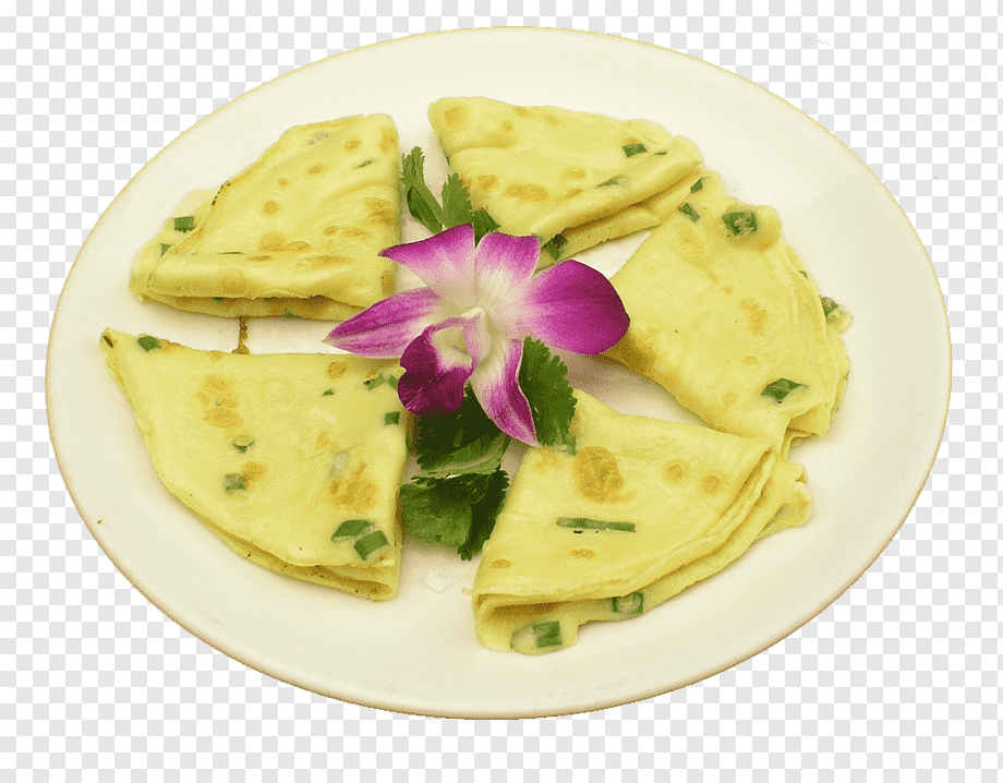 Golden scallion pancakes folded into triangles, garnished with purple orchid and cilantro on a white plate.
