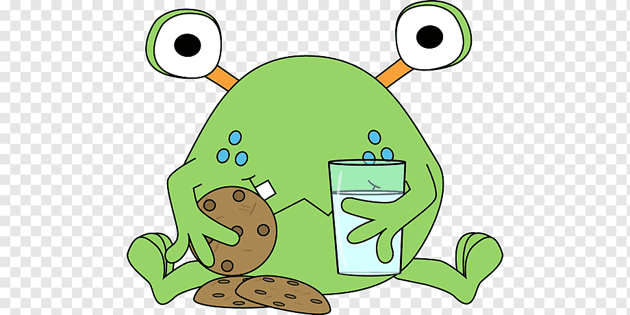 A cartoon green alien with big eyes sits eating chocolate chip cookies and drinking water, with crumbs and bubbles around.