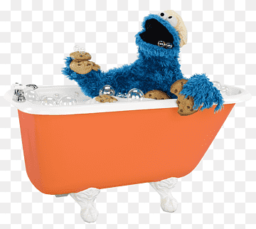 Cookie Monster relaxing in an orange clawfoot bathtub filled with bubbles and cookies.