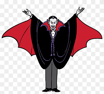 Cartoon vampire with red cape spread wide, fangs bared, arms raised dramatically against transparent background.