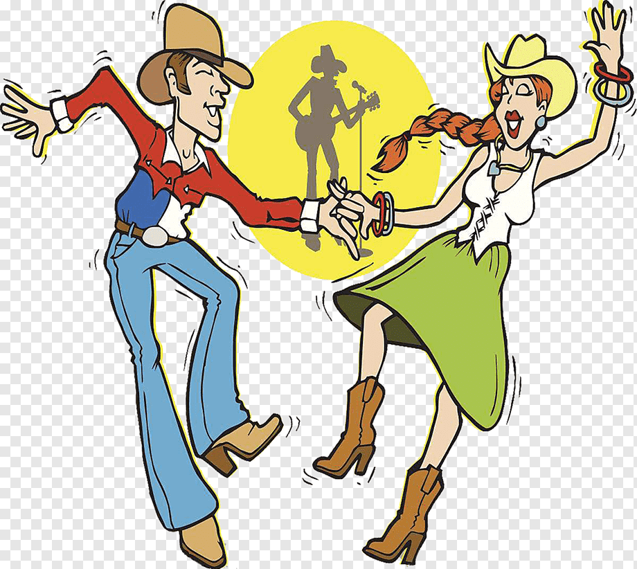 Cartoon couple line dancing in cowboy hats with musician silhouette in background.
