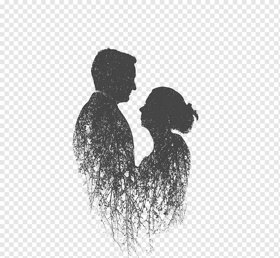 Silhouette of a man and woman facing each other, filled with delicate tree branches and foliage texture.