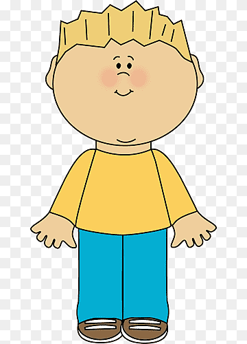 Cartoon boy with blond spiky hair, yellow shirt, blue pants, and brown shoes standing front-facing.