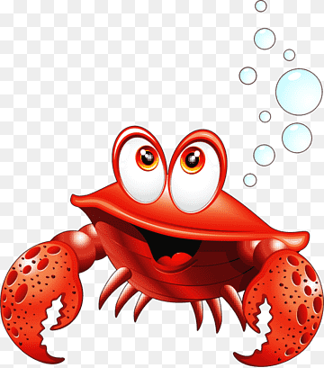 Cheerful red cartoon crab with big eyes, open mouth, and bubbles rising beside it.