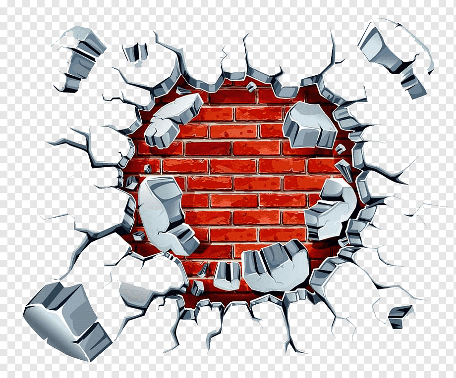 Cracked concrete wall revealing red brick behind, cartoon-style destruction effect with flying debris.