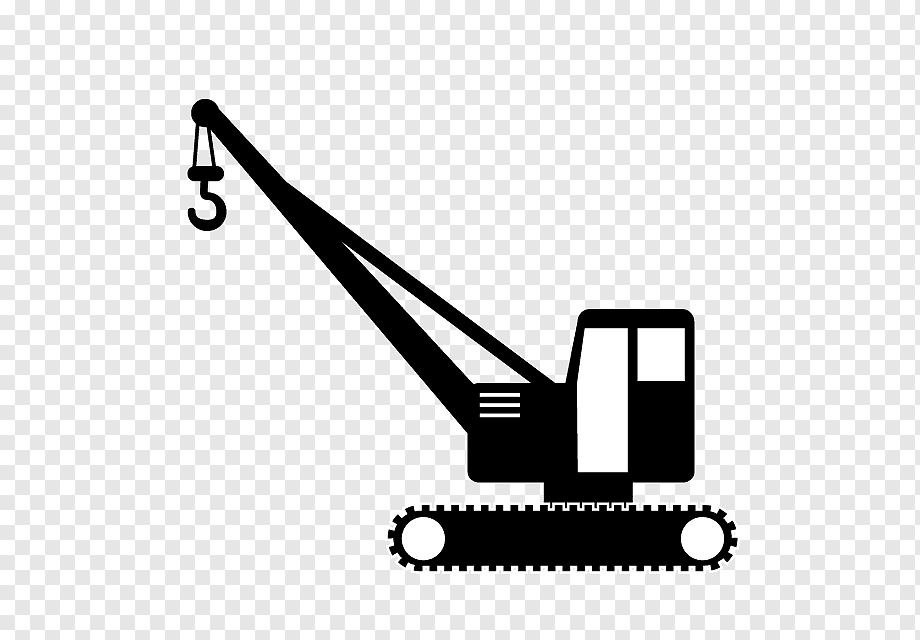 Black silhouette of a tracked crane with extended boom and hook on transparent background.