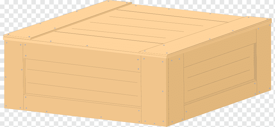 Sturdy wooden shipping crate with slatted panels and metal fasteners, shown in isometric view on transparent background.