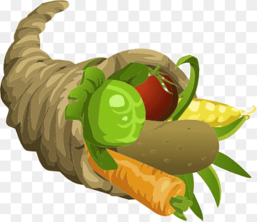 Cornucopia overflowing with fresh vegetables including carrots, potatoes, corn, tomatoes, and leafy greens.