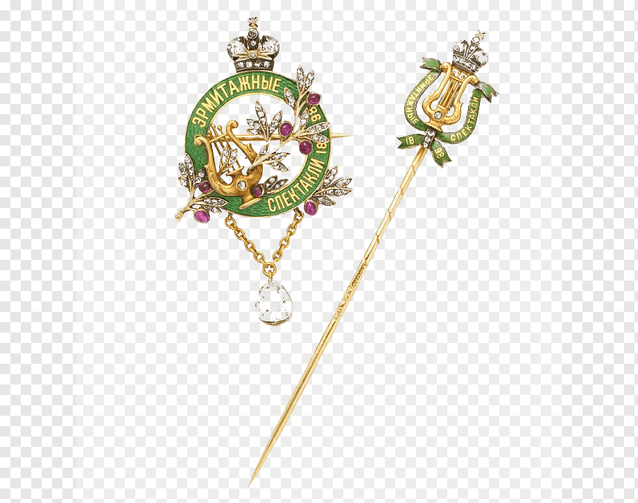 Ornate Russian Imperial-era gold brooch and stickpin with green enamel, lyre motif, rubies, diamonds, and Cyrillic inscription "Эрмитажные Спектакли 1895".