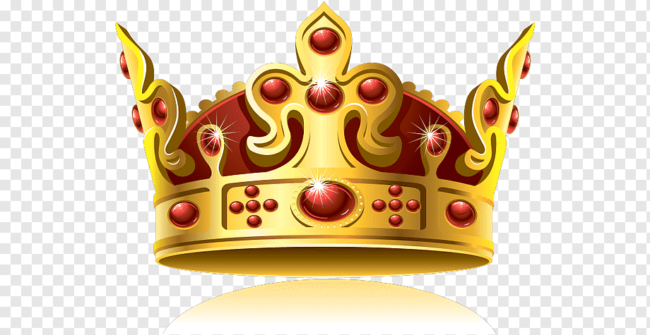 Golden royal crown adorned with red jewels and ornate detailing on transparent background.