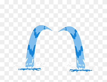 Two stylized blue water jets arching upward with white splashes at their bases, on transparent background.