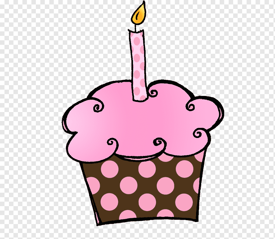 Pink frosted cupcake with polka-dot wrapper and one lit birthday candle.