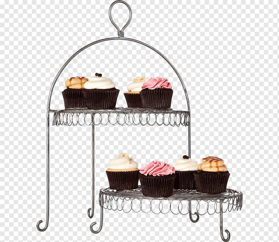 Two-tier wire cupcake stand holding six decorated cupcakes with white, pink, and caramel frosting.