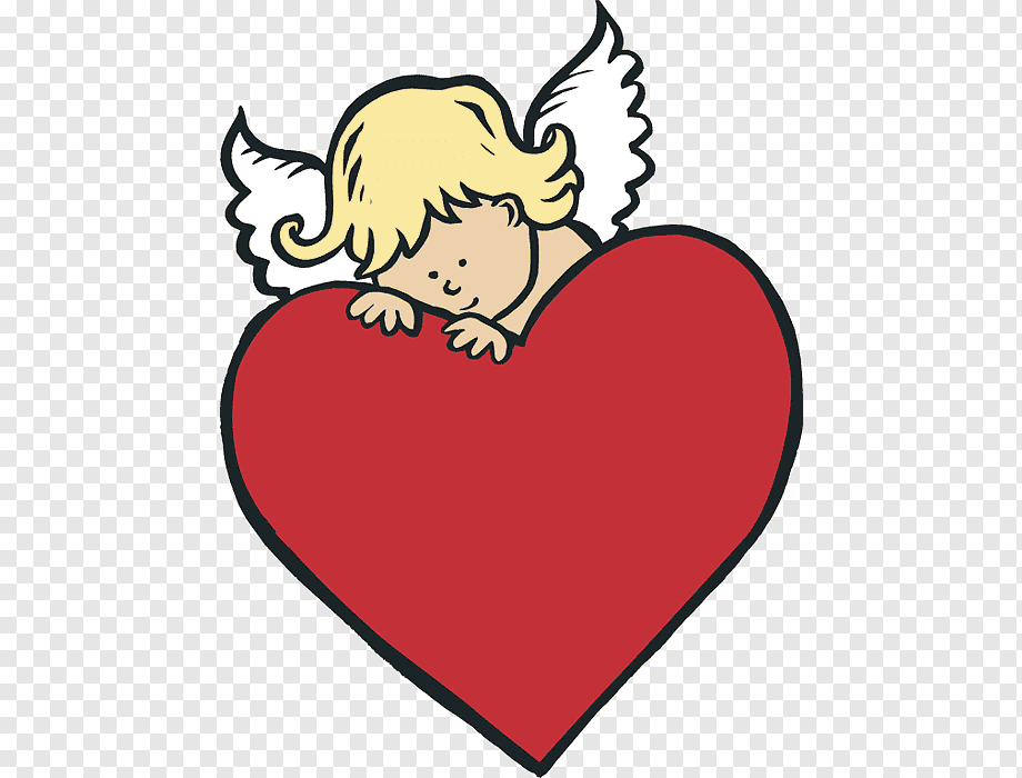 A cheerful cartoon cherub with blond hair and white wings peeks over a large red heart.