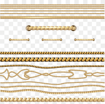 Collection of golden rope, chain, and decorative border designs on transparent background for graphic design use.