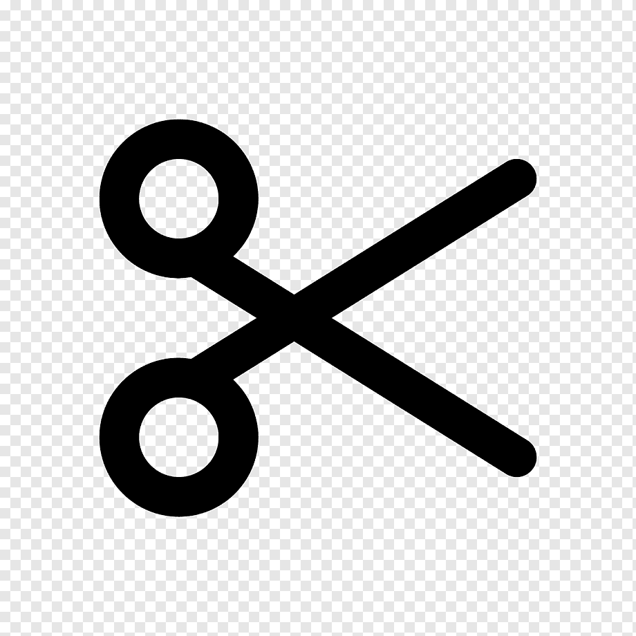 Black scissors icon on transparent background, stylized with circular handles and crossed blades.